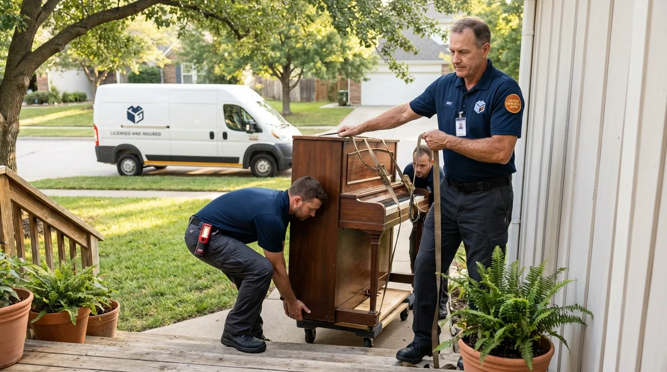 Licensed piano movers securing grand piano in Glenside, PA