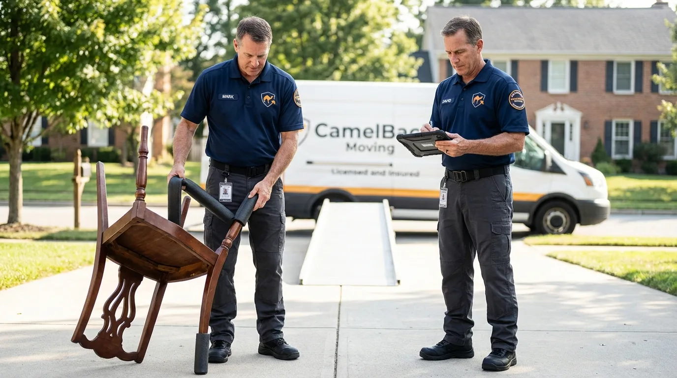 Movers inspecting furniture for damage prevention before loading in Glenside, PA